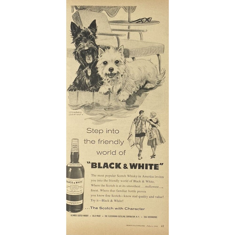 Black & White Scotch Whisky "Scottie Dogs" Vintage Print Ad 1960